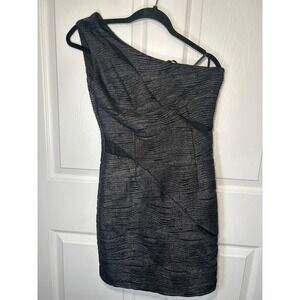 Hailey‎ One Shoulder Mini Dress 4 Black Silver Metallic Mesh Bodycon Party Dress